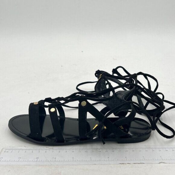 YDN Black Rivet Sexy Knee High Lace up Flats Fringe Gladiator Strap Sandals - Picture 2 of 8